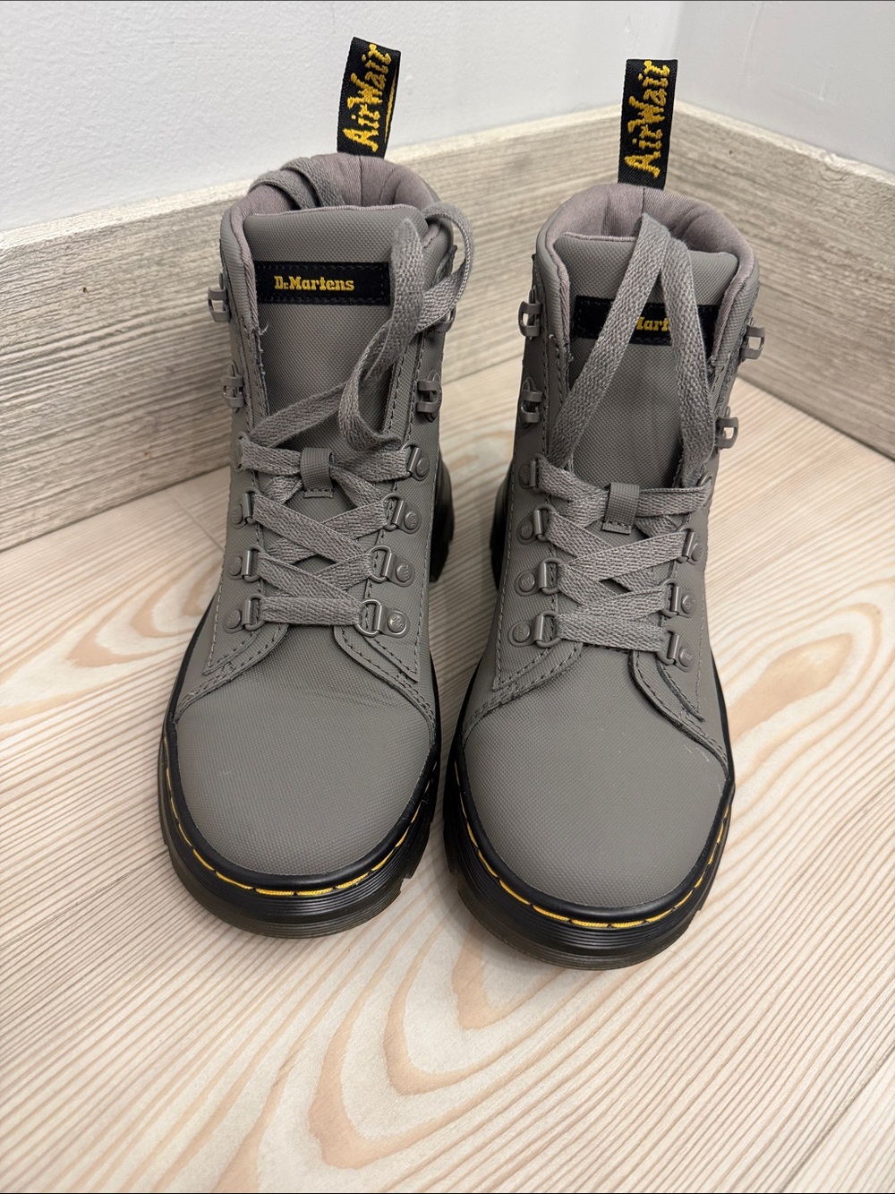 Dr. Martens Gray Lace-Up Combat Boots with Yellow Accents
